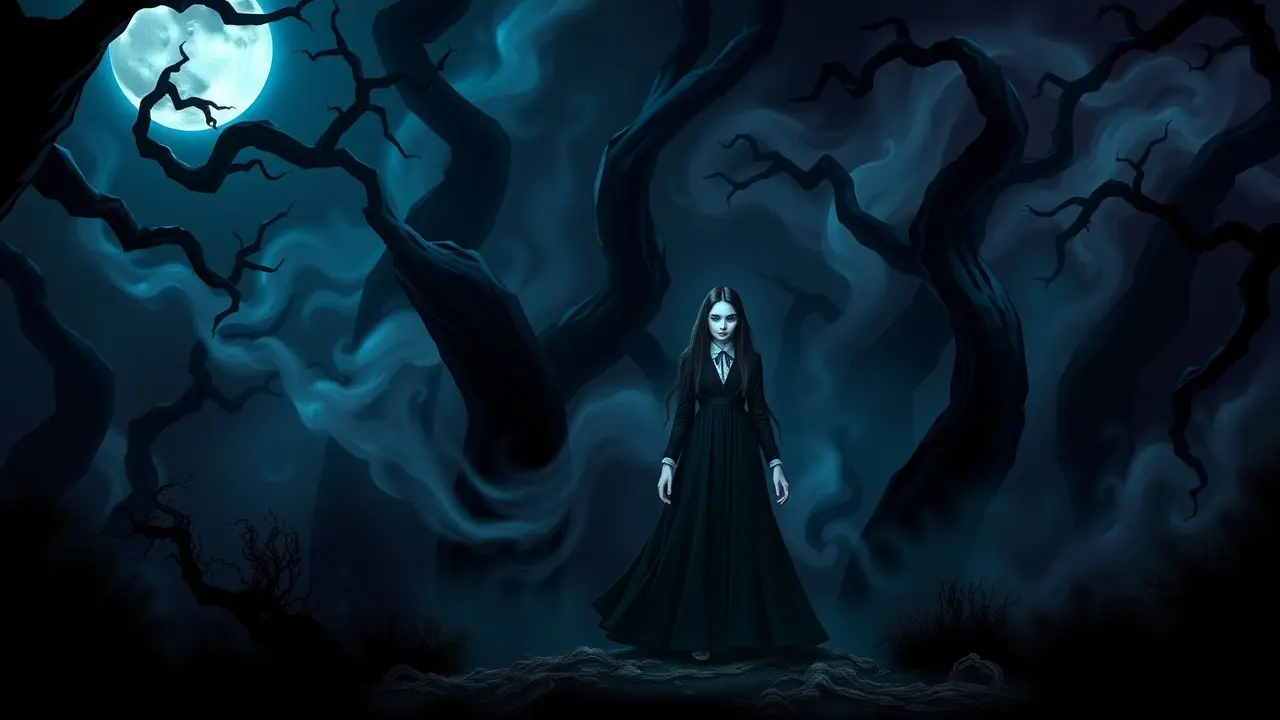 Sonho enigmático com Wandinha Addams em floresta escura.