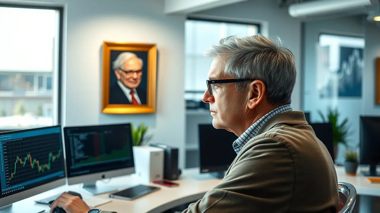Sonhar com Warren Buffett: Descubra o Significado e as Implicações Pessoa analisando gráficos financeiros com Warren Buffett ao fundo