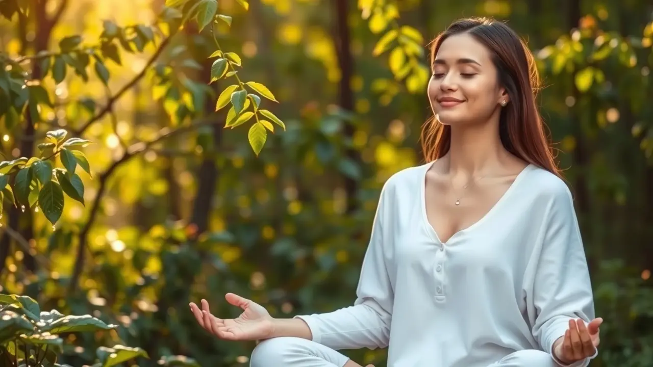 Mulher meditando na natureza, representando wellness
