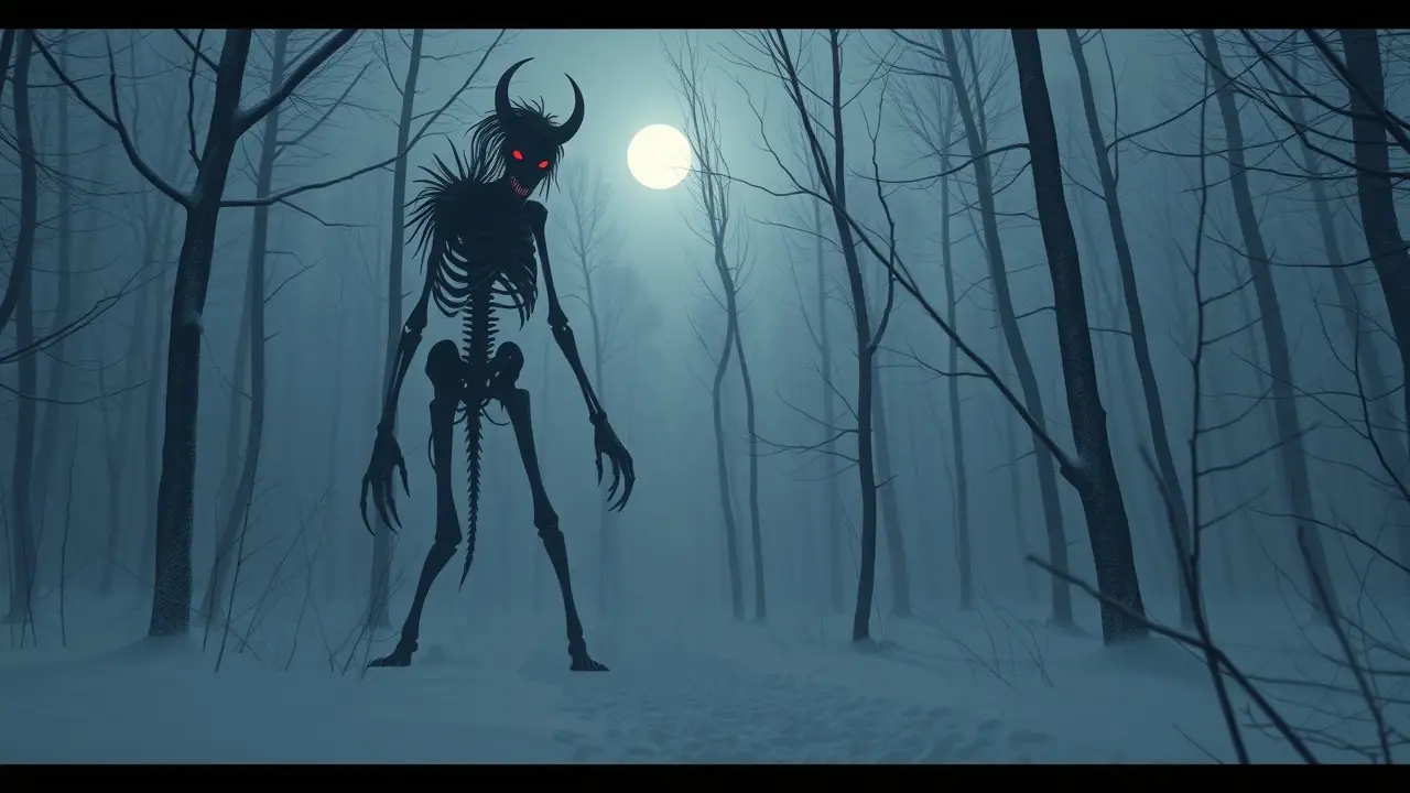Sonhar com Wendigo: Desvende o Significado Oculto! Wendigo em uma floresta nevada.