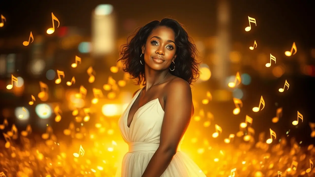 Mulher serena sonhando com notas musicais e Whitney Houston