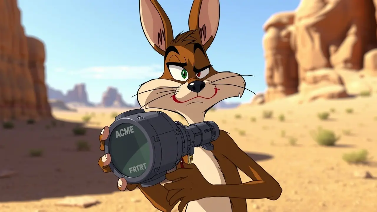 Wile E. Coyote com dispositivo ACME no deserto