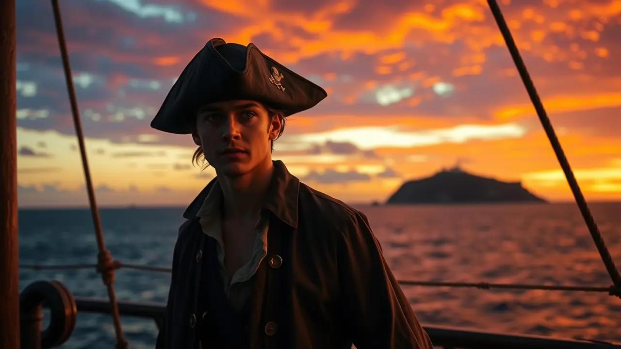 Will Turner no convés do Pérola Negra ao pôr do sol.