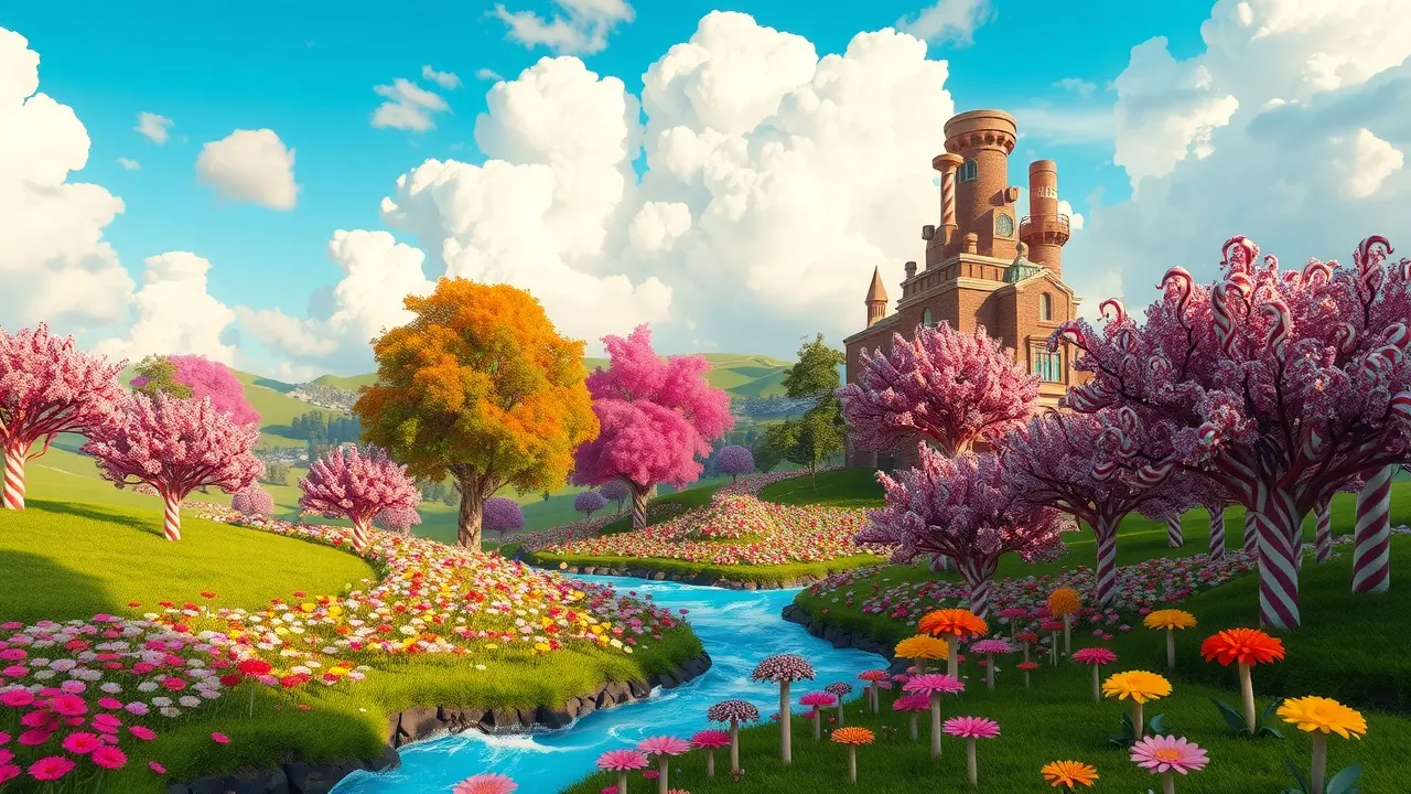 Paisagem onírica da Fábrica de Chocolate de Willy Wonka.