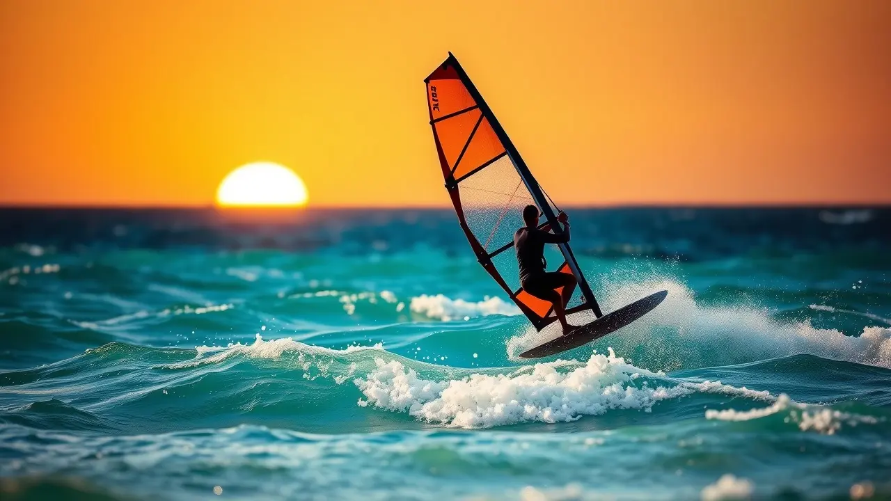 Homem praticando windsurf ao pôr do sol