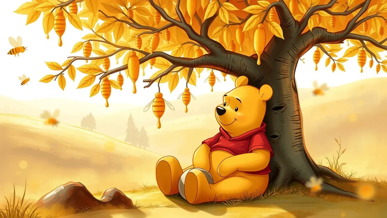 Ursinho Pooh sob a árvore de mel em sonho