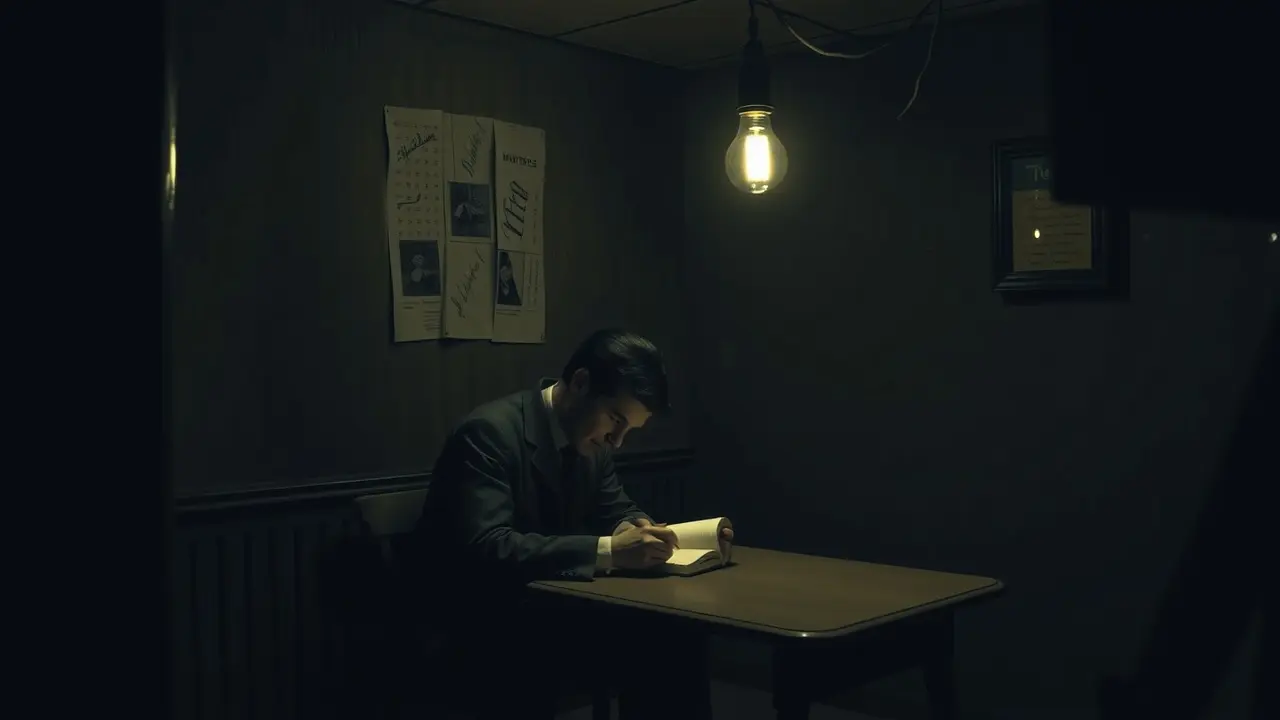 Homem escrevendo em ambiente opressivo, simbolizando Winston Smith