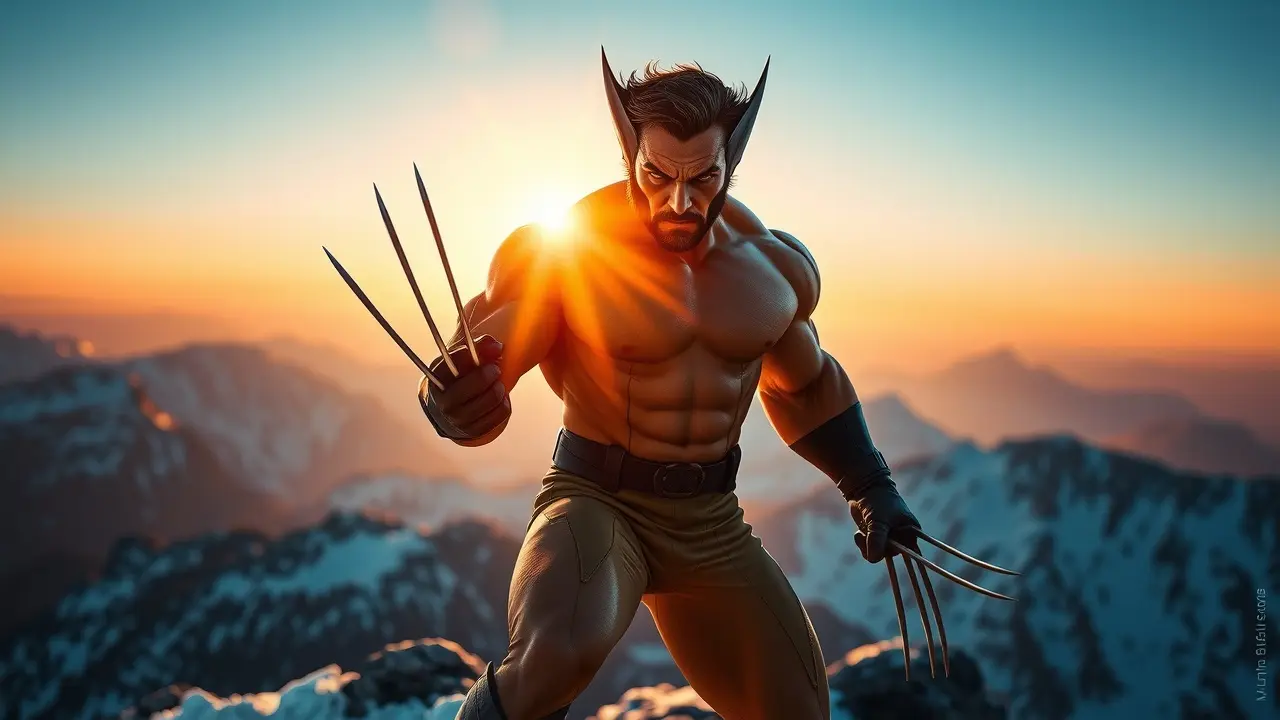 Sonhar com Wolverine: Desvende os Significados Ocultos Wolverine com garras estendidas em montanha nevada.