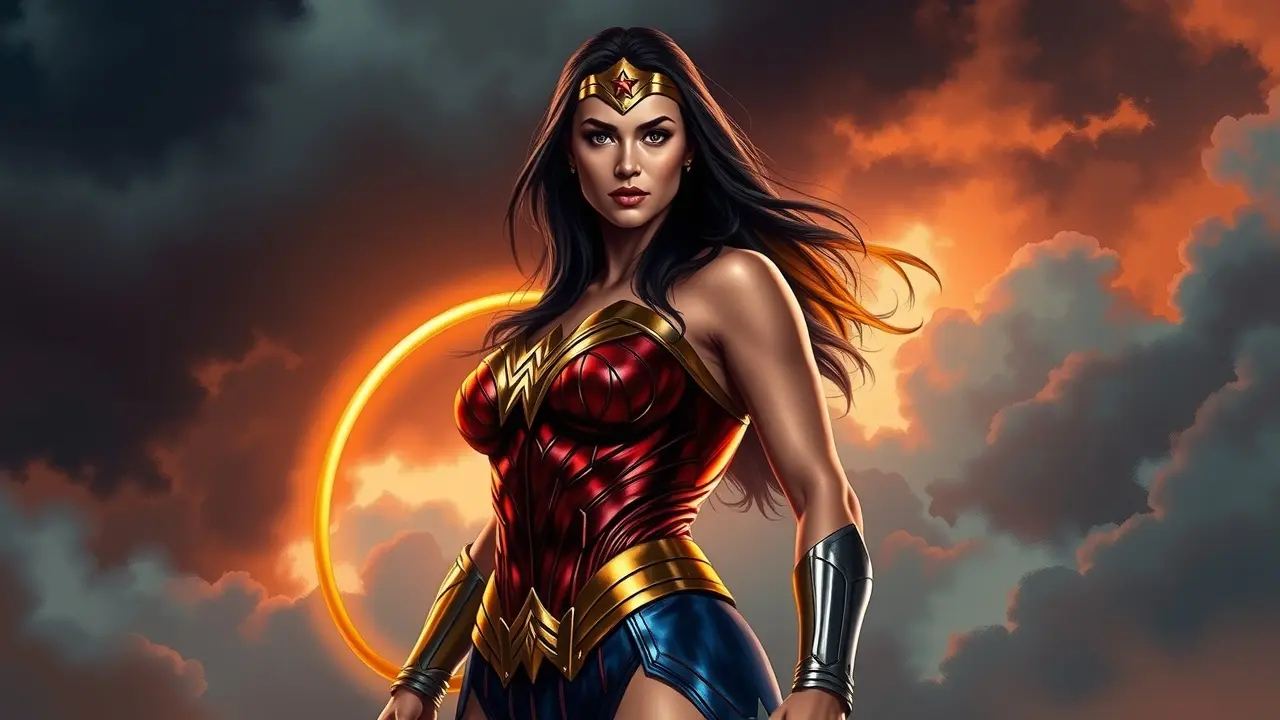 Mulher-Maravilha em pose de heroína, céu tempestuoso ao fundo.