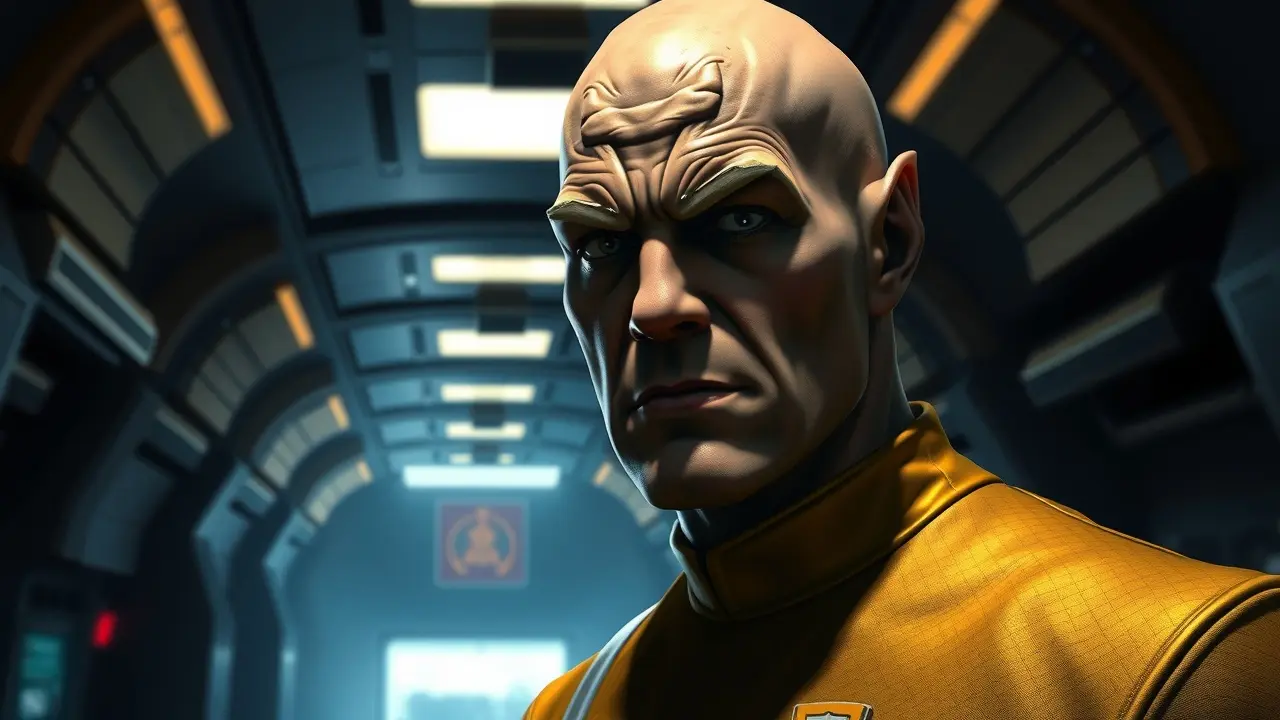 Significado de Sonhar com Worf: Desvende os Mistérios da Honra Klingon em Seus Sonhos Worf, o Klingon de Star Trek, com expressão séria.