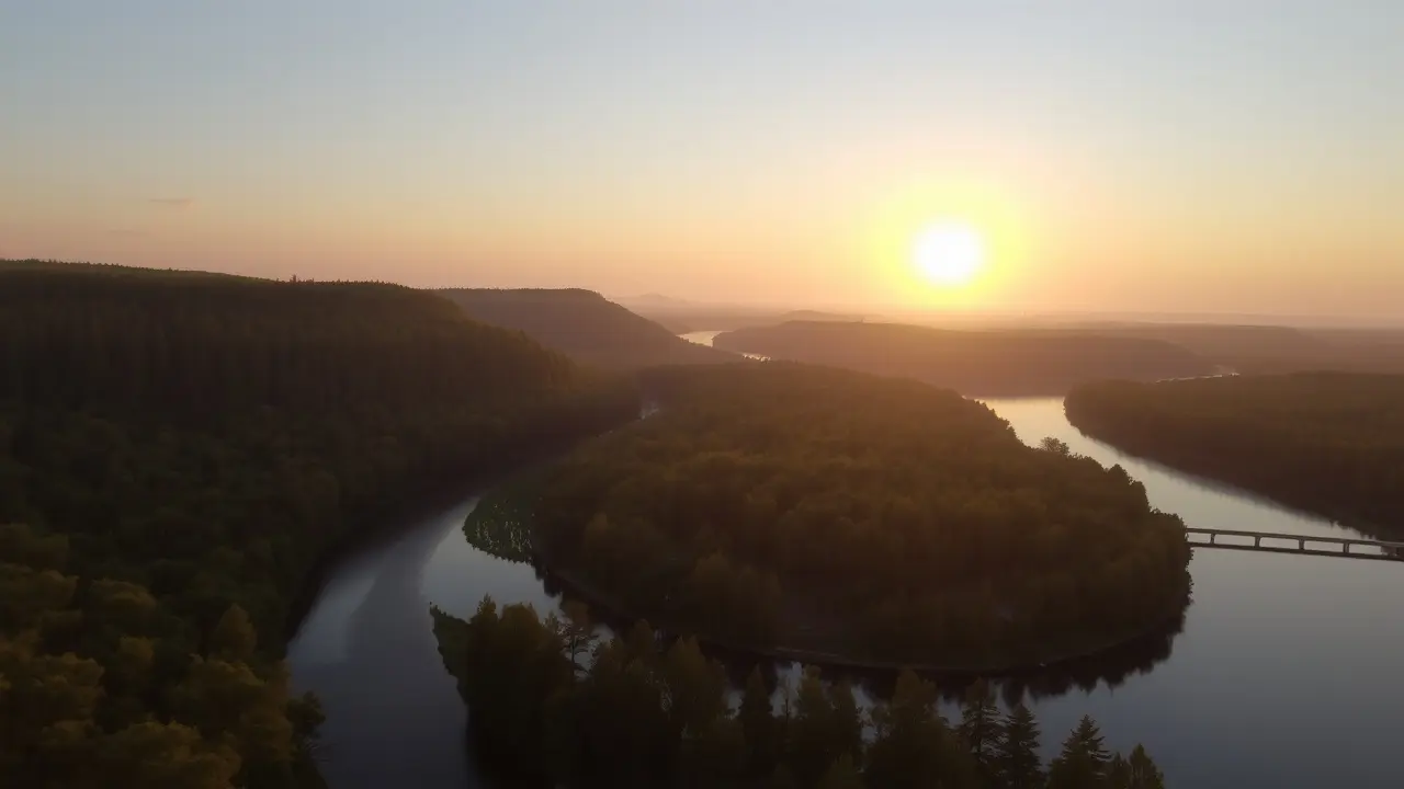 Paisagem serena com rio sinuoso representando o Wu Wei