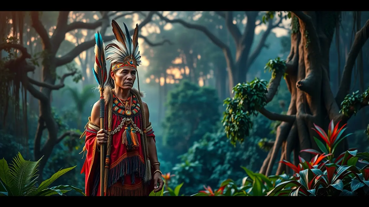 Sonhar com Xamã: Desvende os Significados Profundos e Mensagens Ocultas Xamã em floresta tropical, sabedoria ancestral