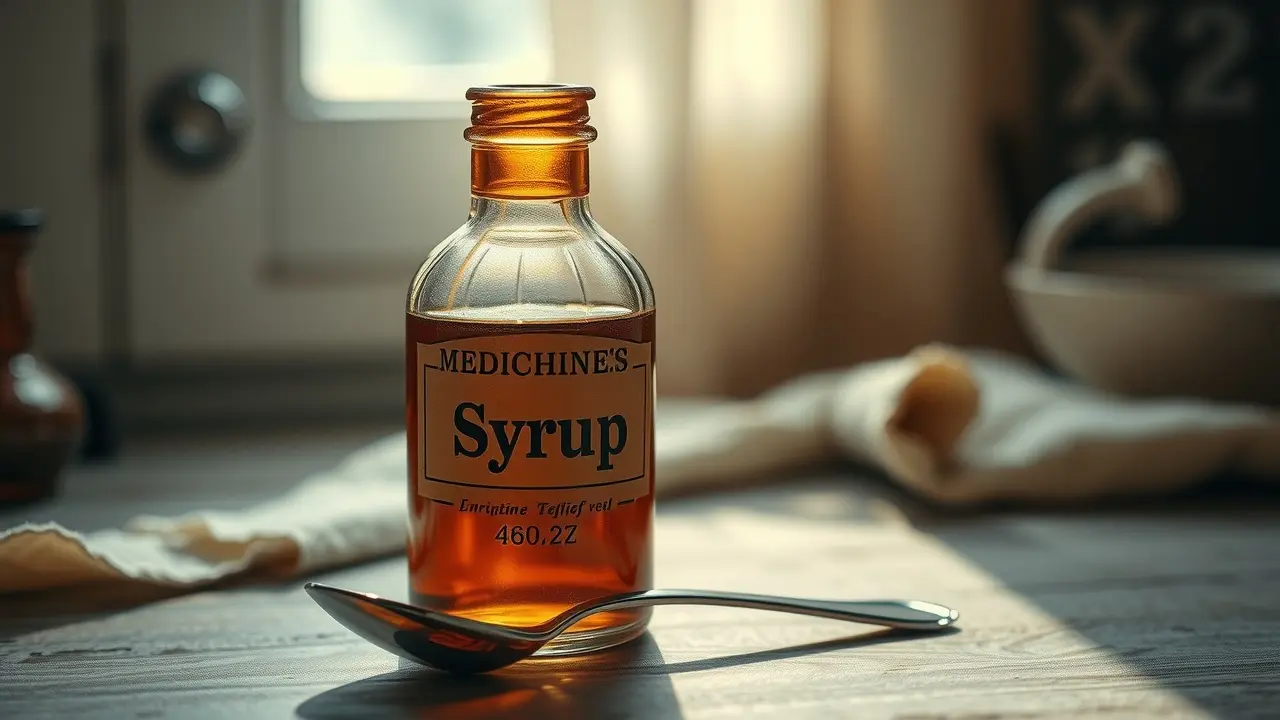 Sonhar com Xarope: Descubra os Significados e Interpretações! Frasco de xarope vintage com colher.