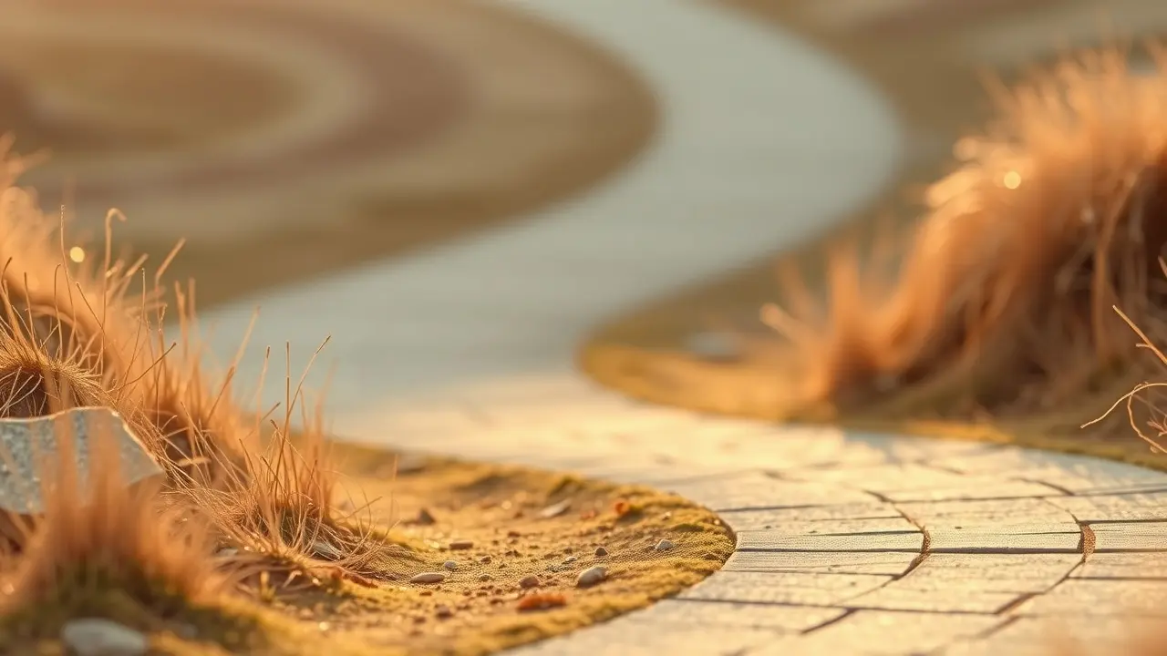 Significado de Sonhar com Xiǎo Guò (Pequenos Erros): Interpretações e Reflexões Caminho sinuoso com pequenos obstáculos, luz dourada.