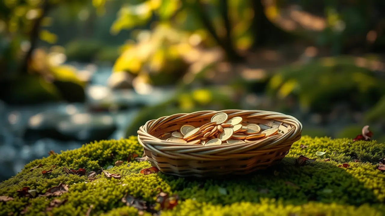 Significado de Sonhar com Xiǎo Xù: Uma Análise Profunda Pequena acumulação de moedas e sementes em cesto na floresta.