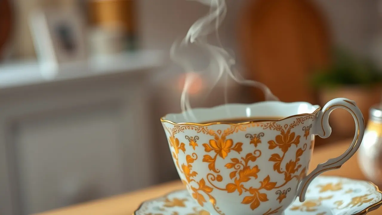 Xícara de porcelana vintage cheia de café fumegante.