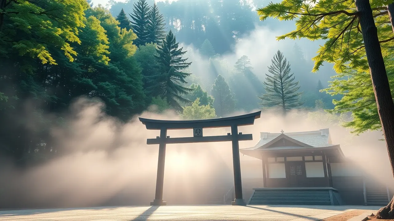 Sonhar com Xintoísmo: Descubra o Significado e a Simbologia Santuário Xintoísta em meio à natureza exuberante