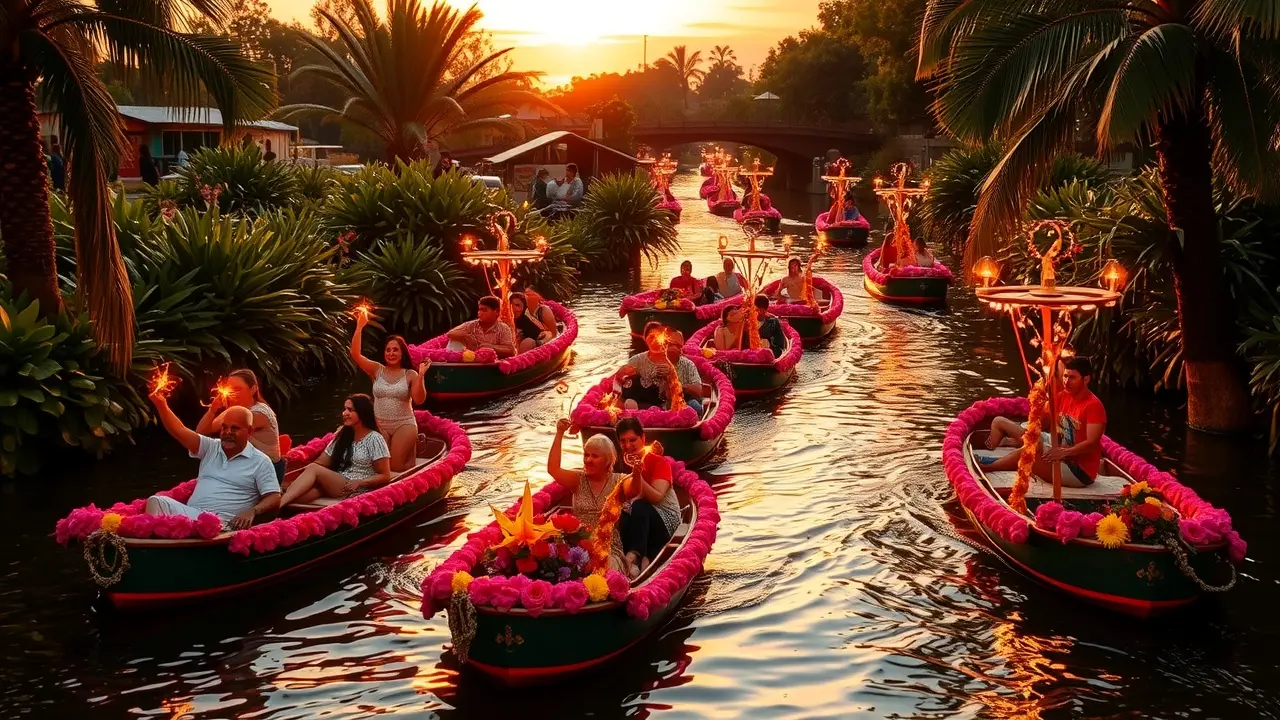 Trajineras coloridas em Xochimilco ao pôr do sol.