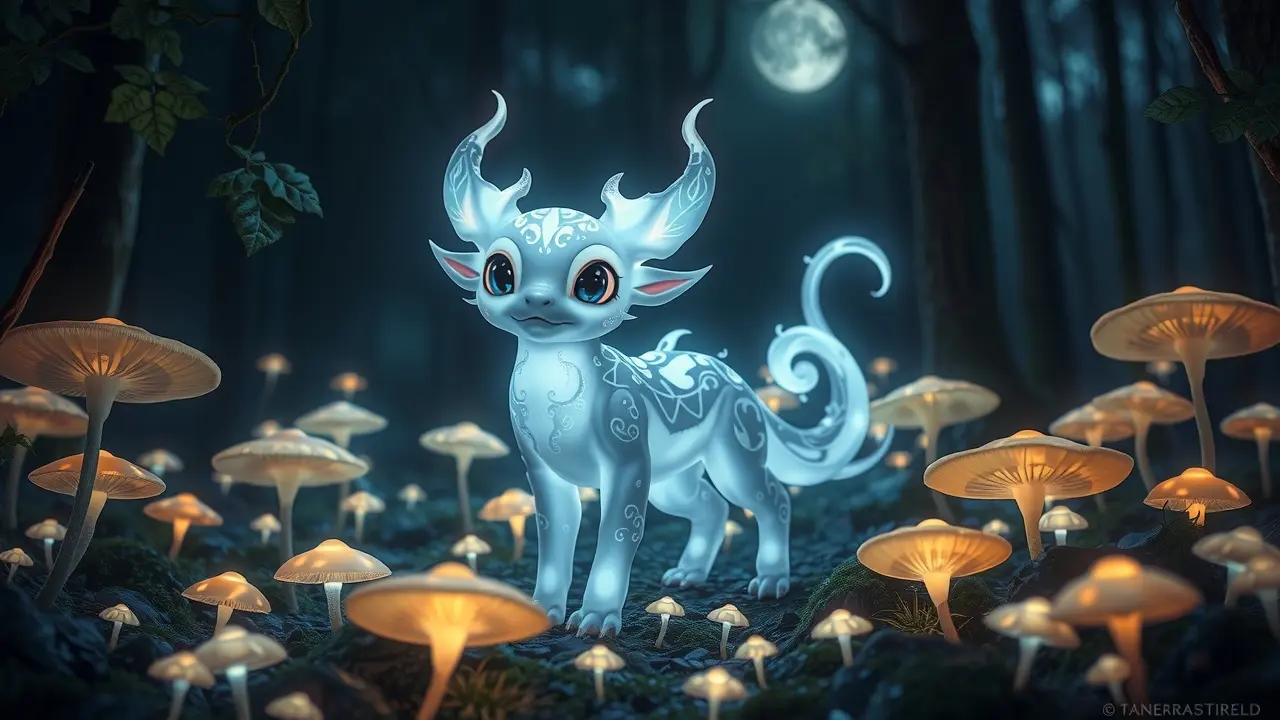 Criatura mística Xú em floresta iluminada pela lua
