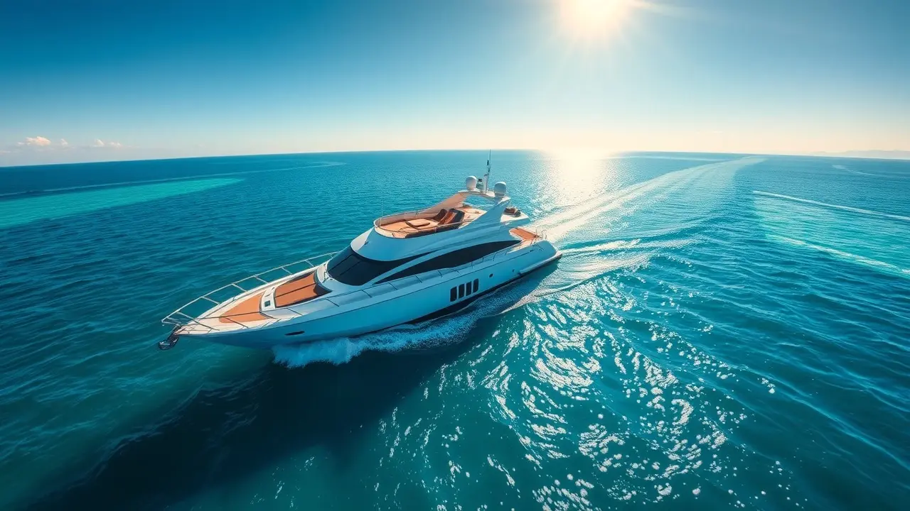 Yacht luxuoso navegando em águas calmas.