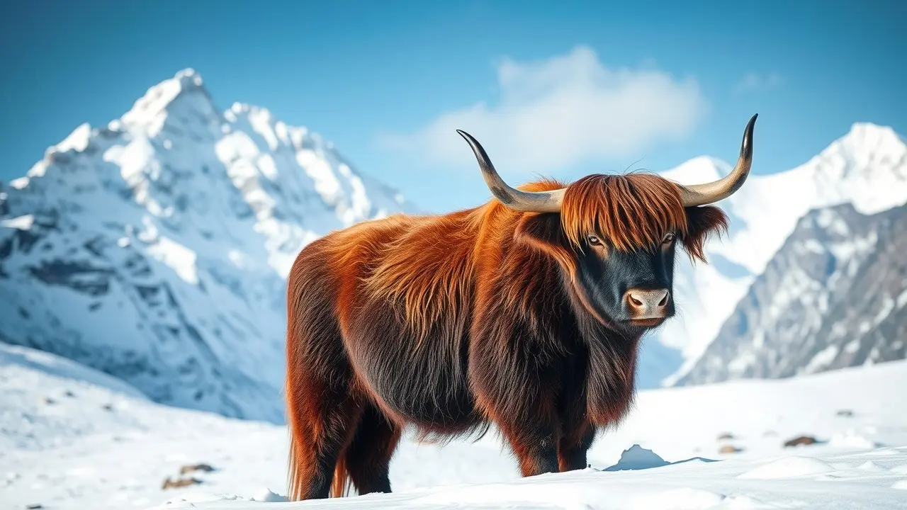 Yak imponente na paisagem himalaia nevada.
