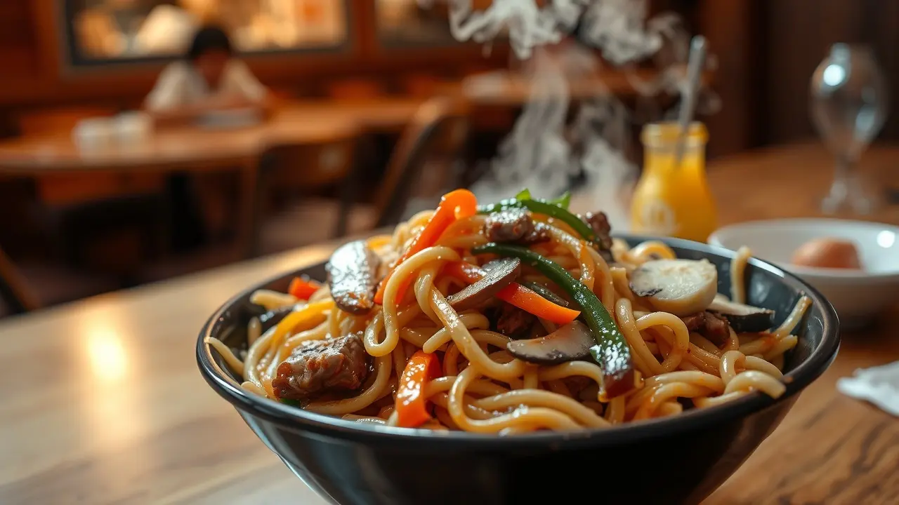 Tigela de yakisoba fumegante com legumes e carne.