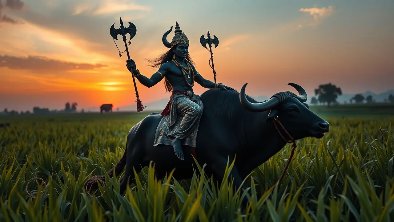 Sonhar com Yama: Descubra o Significado e as Interpretações Yama, o deus hindu da morte, montado em búfalo.