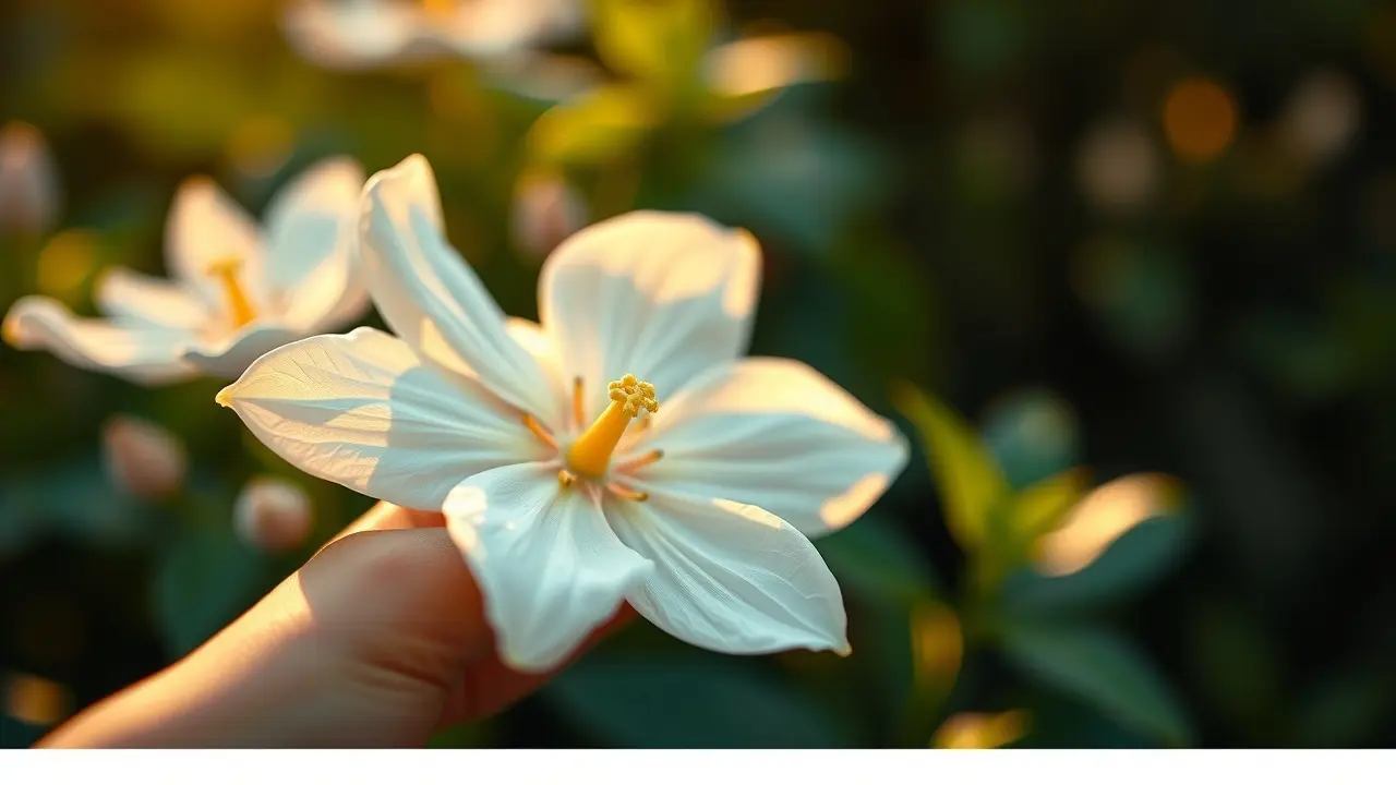 Mulher tocando uma flor de jasmim delicadamente
