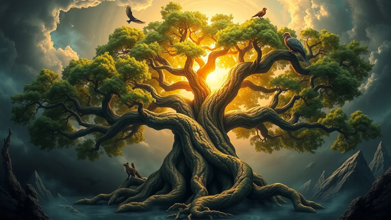Significado de Sonhar com Yggdrasil: Desvendando os Mistérios da Árvore da Vida Yggdrasil, a árvore da vida, conectando mundos.
