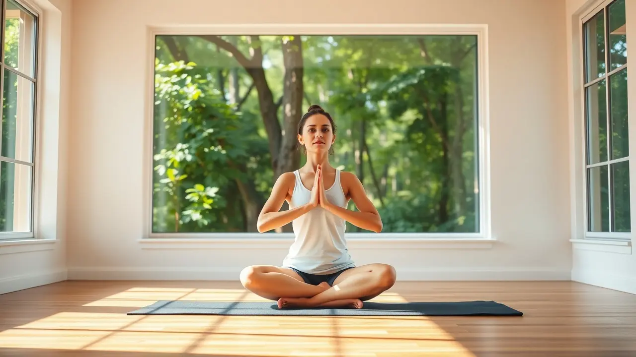 Mulher meditando em estúdio de yoga ensolarado