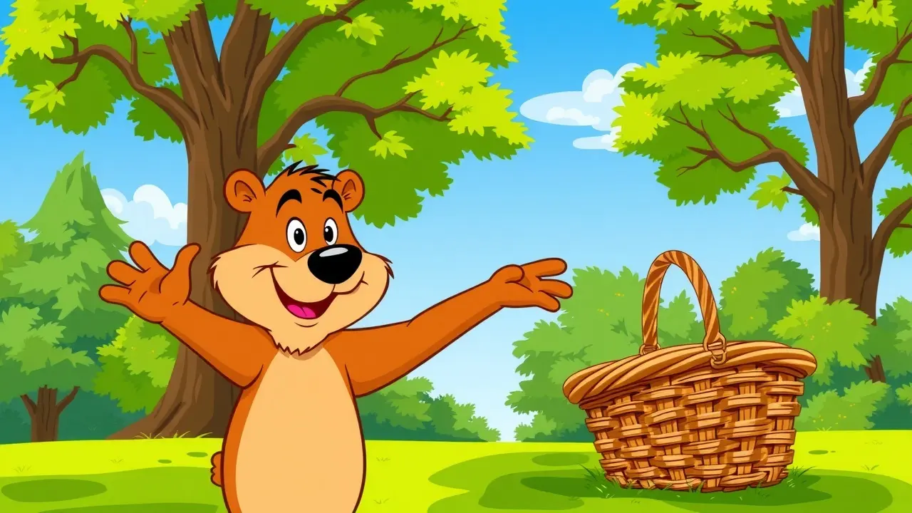 Urso Yogi tentando pegar uma cesta de piquenique