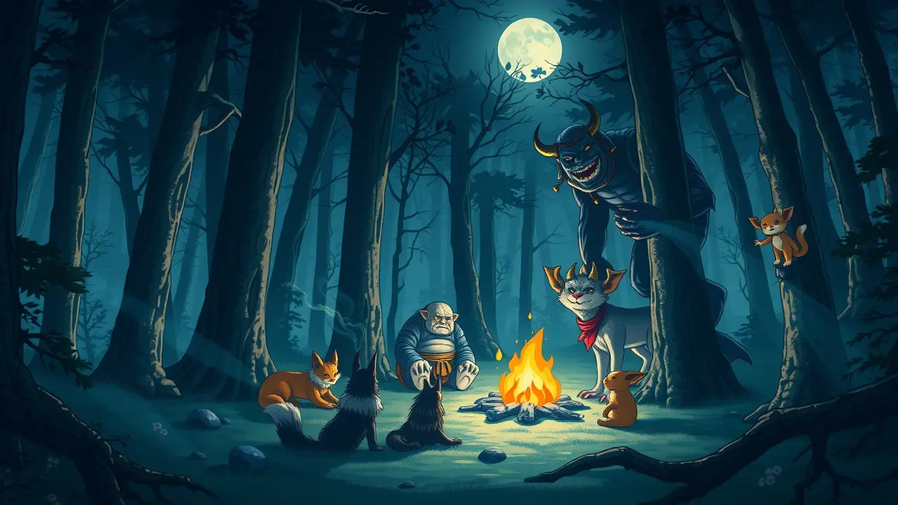 Ilustração de diversos Yokai em uma floresta iluminada pela lua.