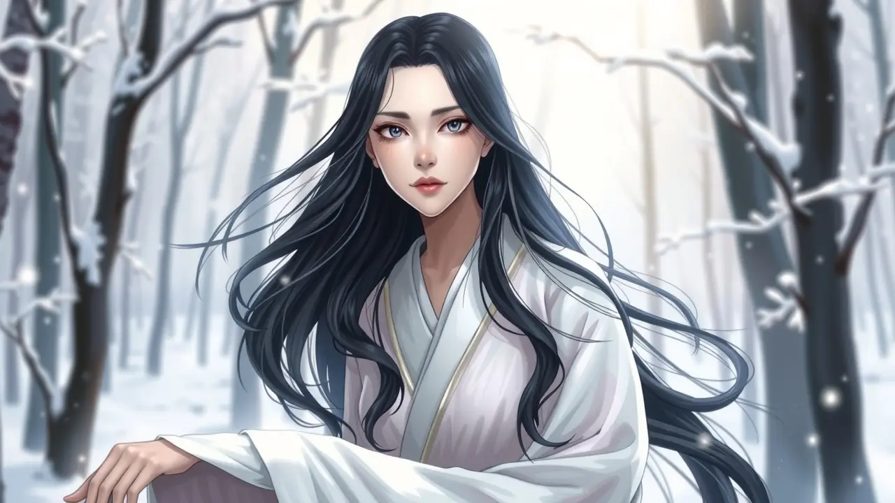 Yuki-Onna em floresta nevada