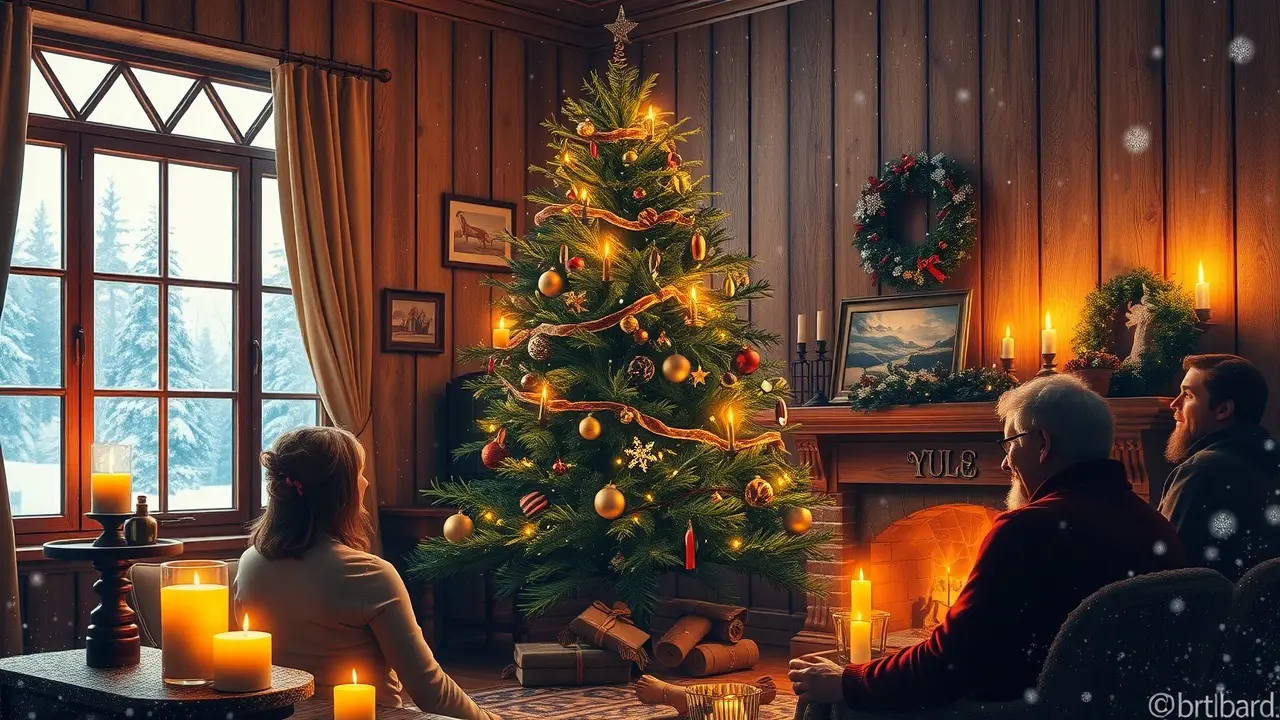 Celebração de Yule com árvore decorada e velas acesas