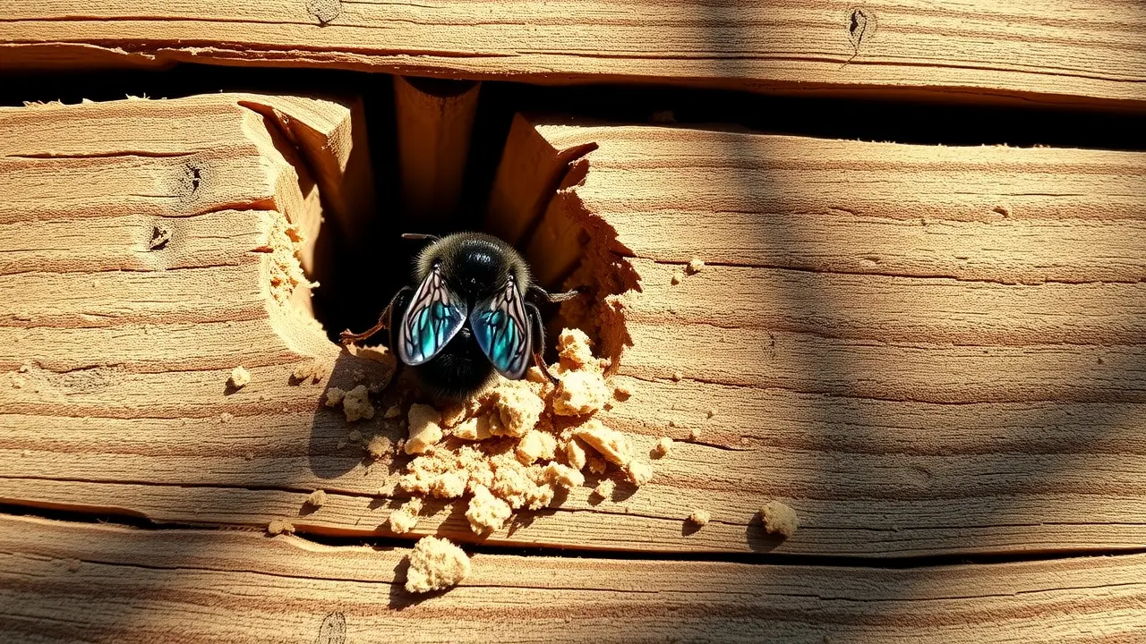 Significado de Sonhar com Zangão-Carpinteiro: Interpretações e Simbolismo Zangão-carpinteiro perfurando madeira.