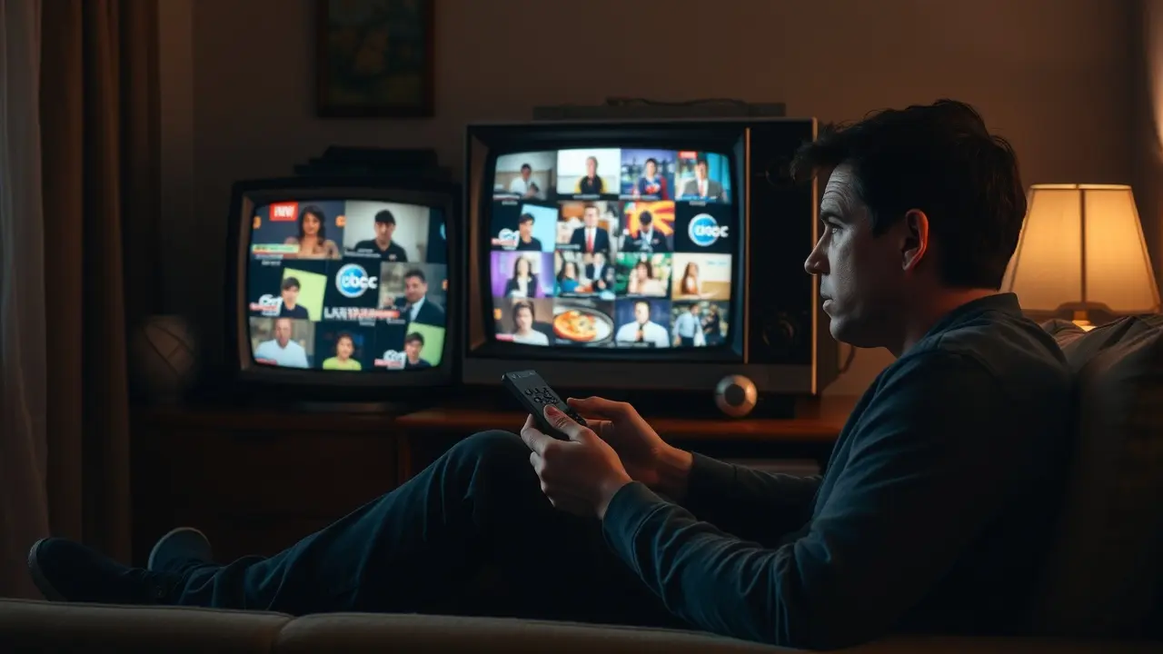 Pessoa fazendo zapping freneticamente em uma TV antiga.