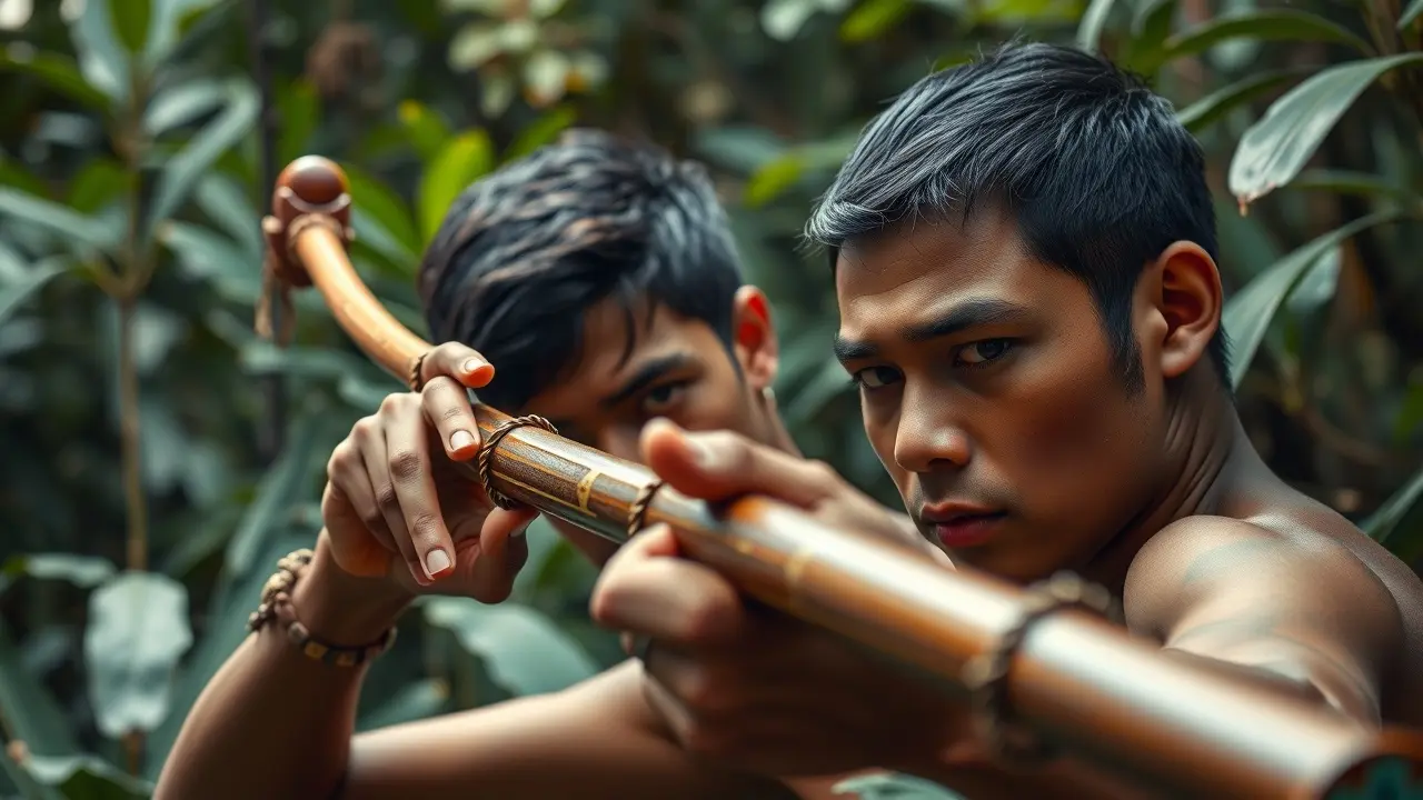 Sonhar com Zarabatana: Descubra os Significados Ocultos! Homem mirando com zarabatana na floresta.