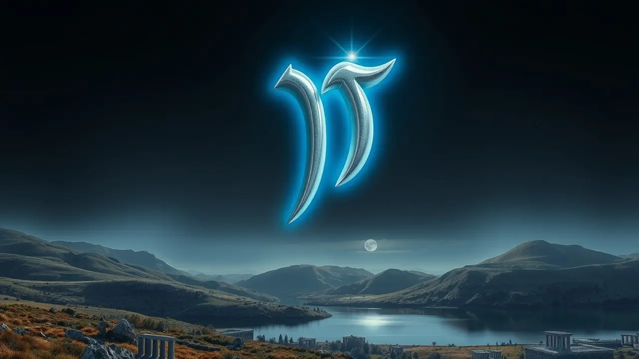 Sonhar com Zayin: Desvende os Significados e Simbolismos Letra Zayin brilhante em paisagem noturna