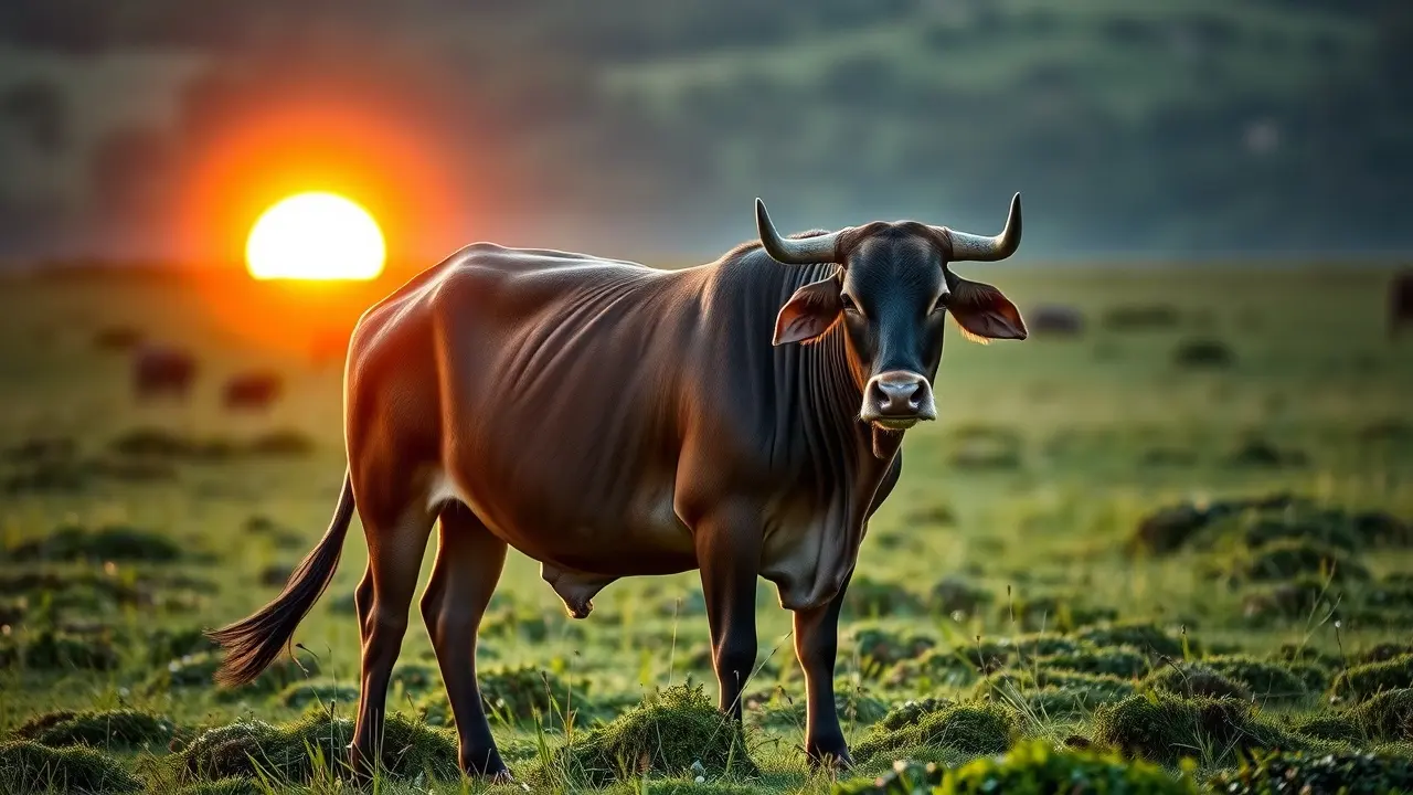 Zebu pastando em pasto verde sob a luz do sol