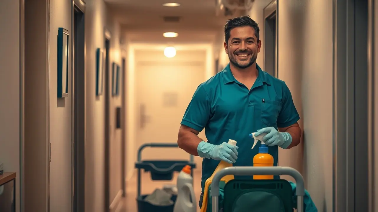 Homem zelador cuidando da limpeza do prédio