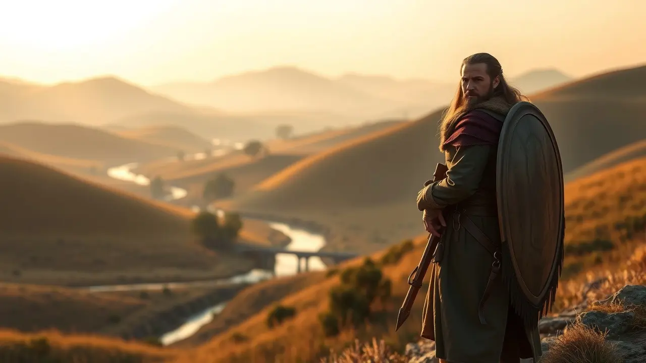 Ilustração de um guardião protetor em uma paisagem serena