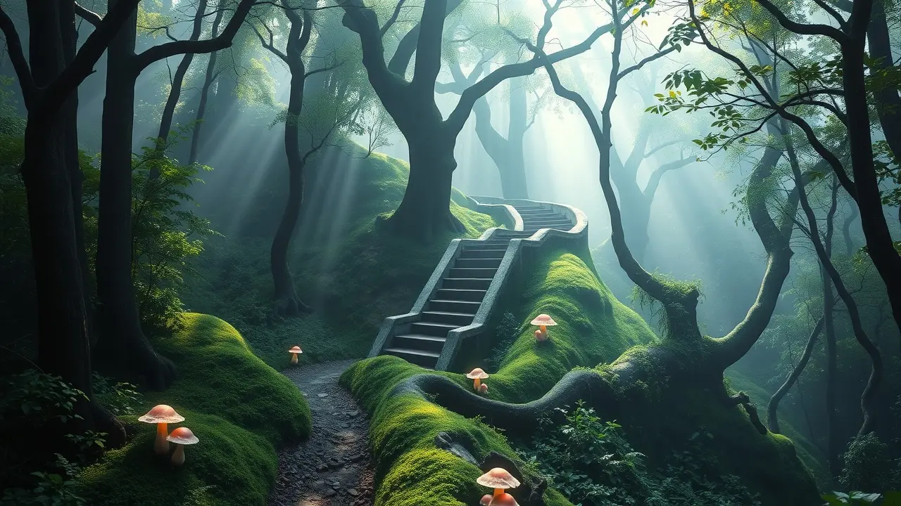 Caminho em zigue-zague em floresta mística