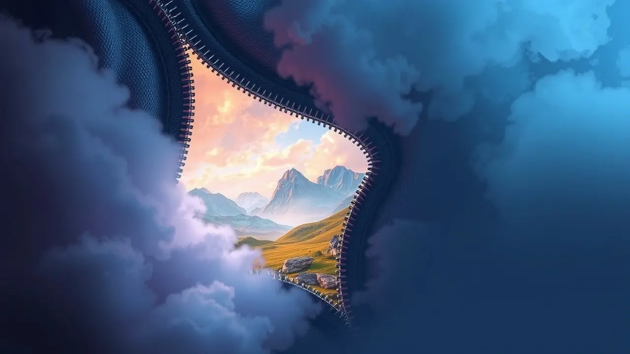 Sonho com zíper e paisagem colorida.