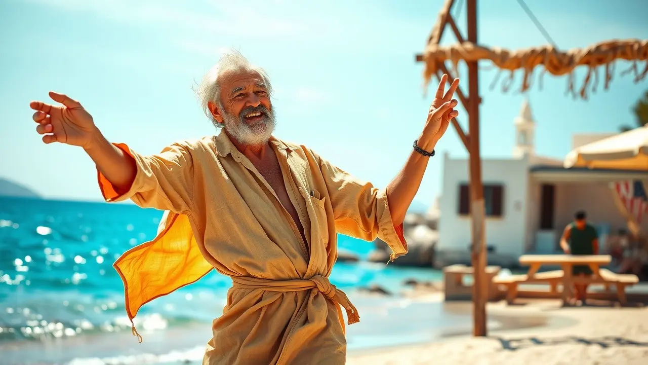 Sonhar com Zorba: Desvendando os Significados e a Busca pela Liberdade Zorba dançando na praia, alegria e liberdade