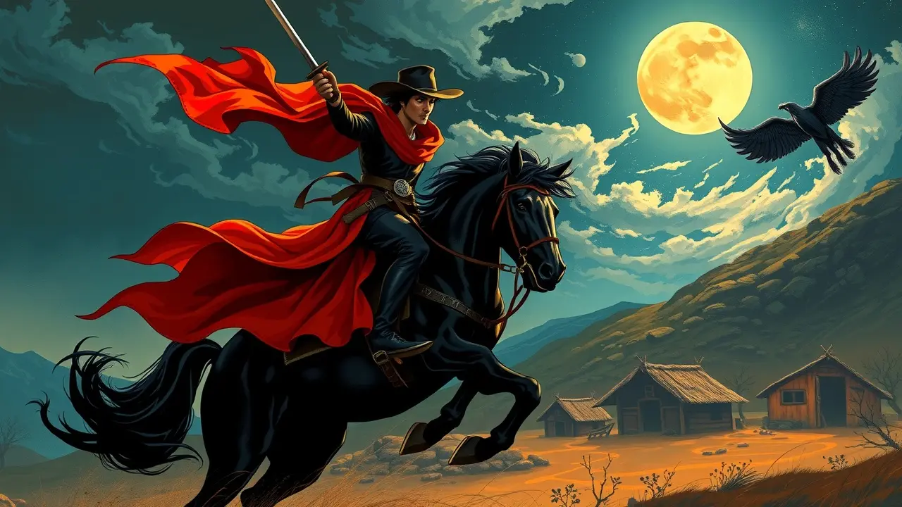 Zorro a cavalo, defendendo vila.