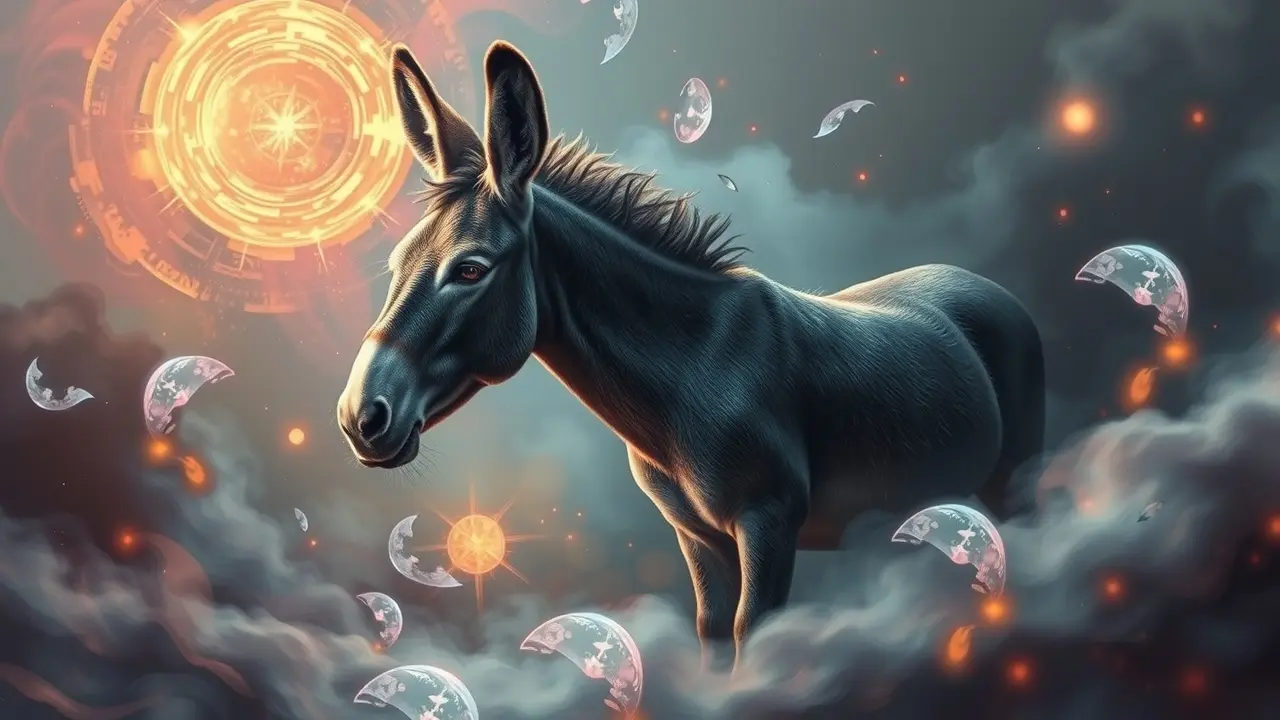 Sonhar com Zurro: Desvende os Significados e Simbolismos! Um burro em um cenário de sonho, cercado por cores e símbolos.